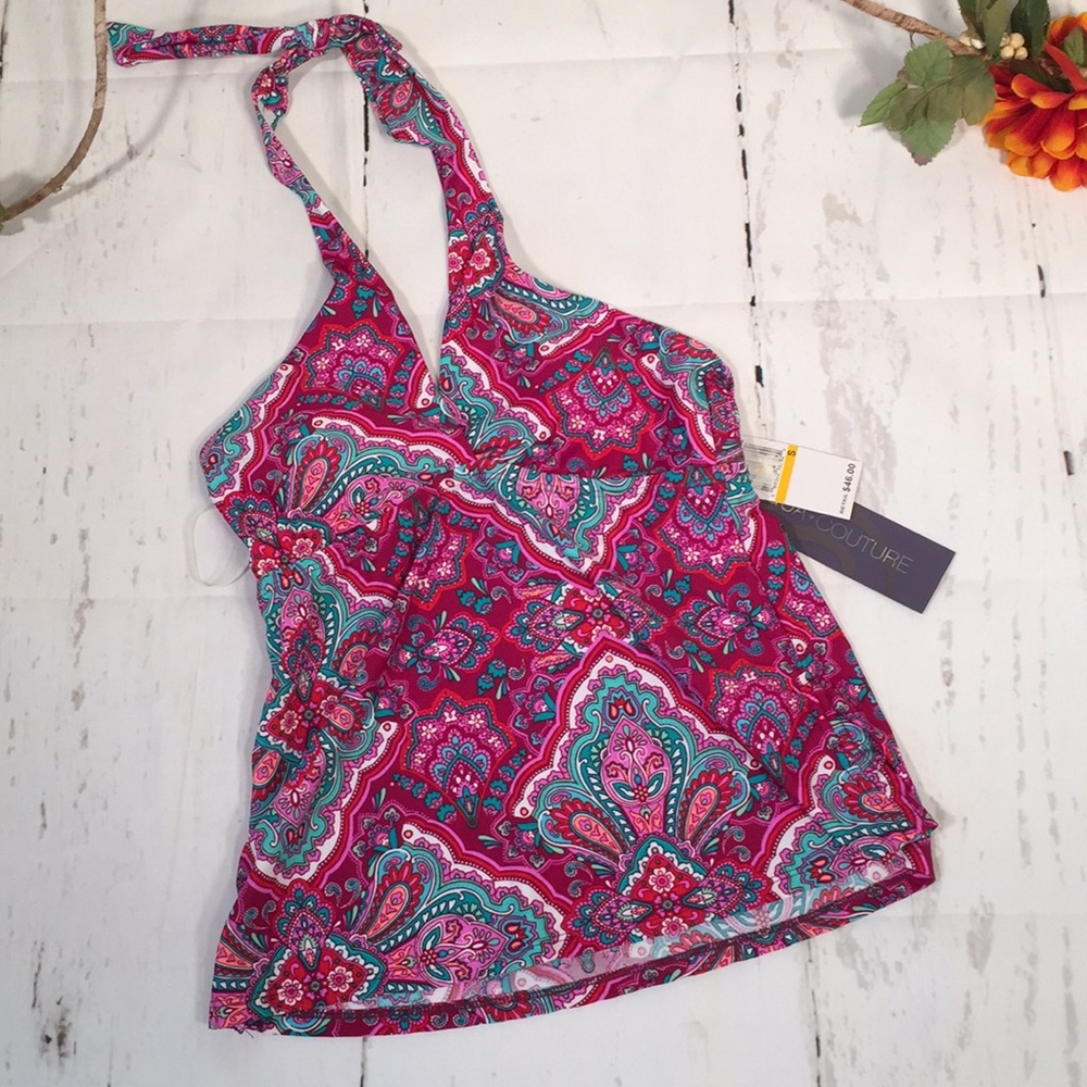 Aqua Couture Halter tankini Swim top Pink blue Size Small New NWT